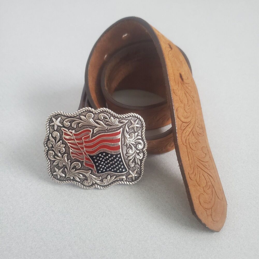 Nocona American Flag Belt Buckle and Justin Belt Size 24 Youth Western USA